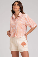 Short Mom Frysaide Bege Bordado Floral Cintura Alta