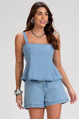 Short Mom Jeans Frysaide Azul Claro Cintura Alta
