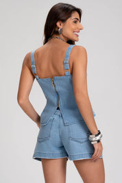 Short Mom Jeans Frysaide Azul Claro Cintura Alta