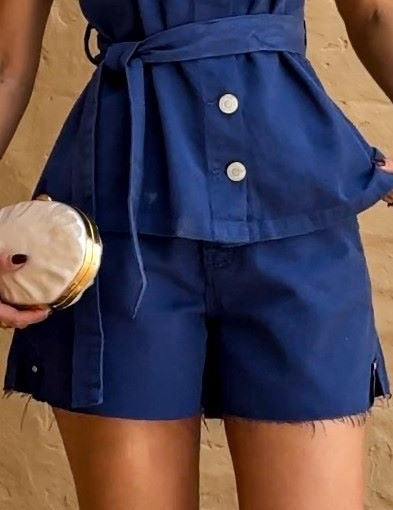 Short Mom Sarja Frysaide Azul Barra Desfiada