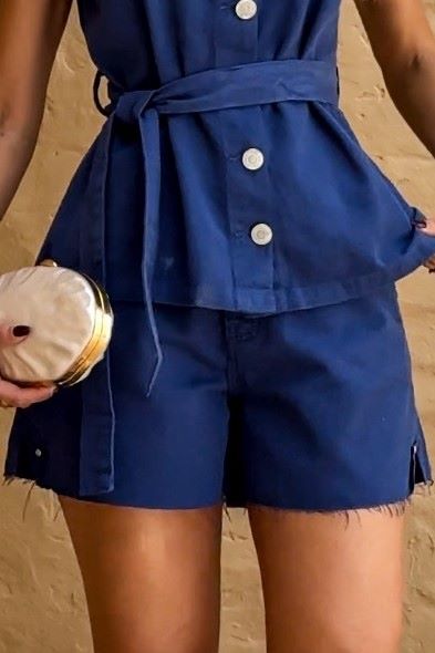 Short Mom Sarja Frysaide Azul Barra Desfiada