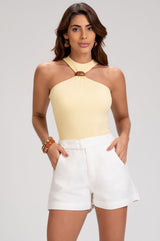 Short Mom Sarja Off White Frysaide Cintura Alta