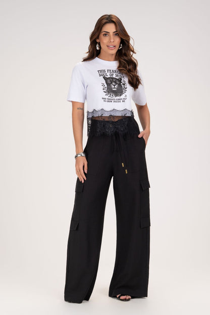 T-Shirt Frysaide Branca Estampa Felino Renda Barra