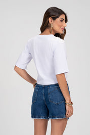 T-Shirt Meia Malha Branca Aplicação Guipir Frysaide