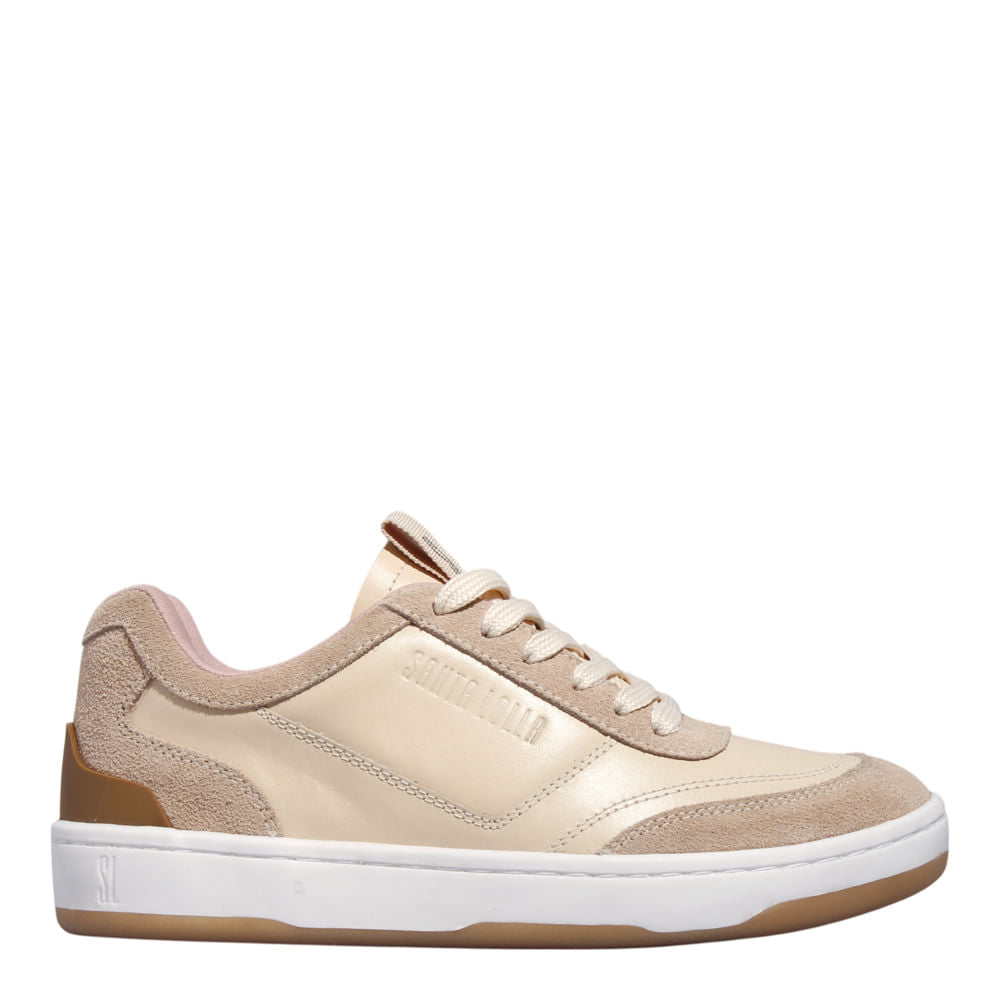 Tênis Santa Lolla Bege Couro Recorte Camurça