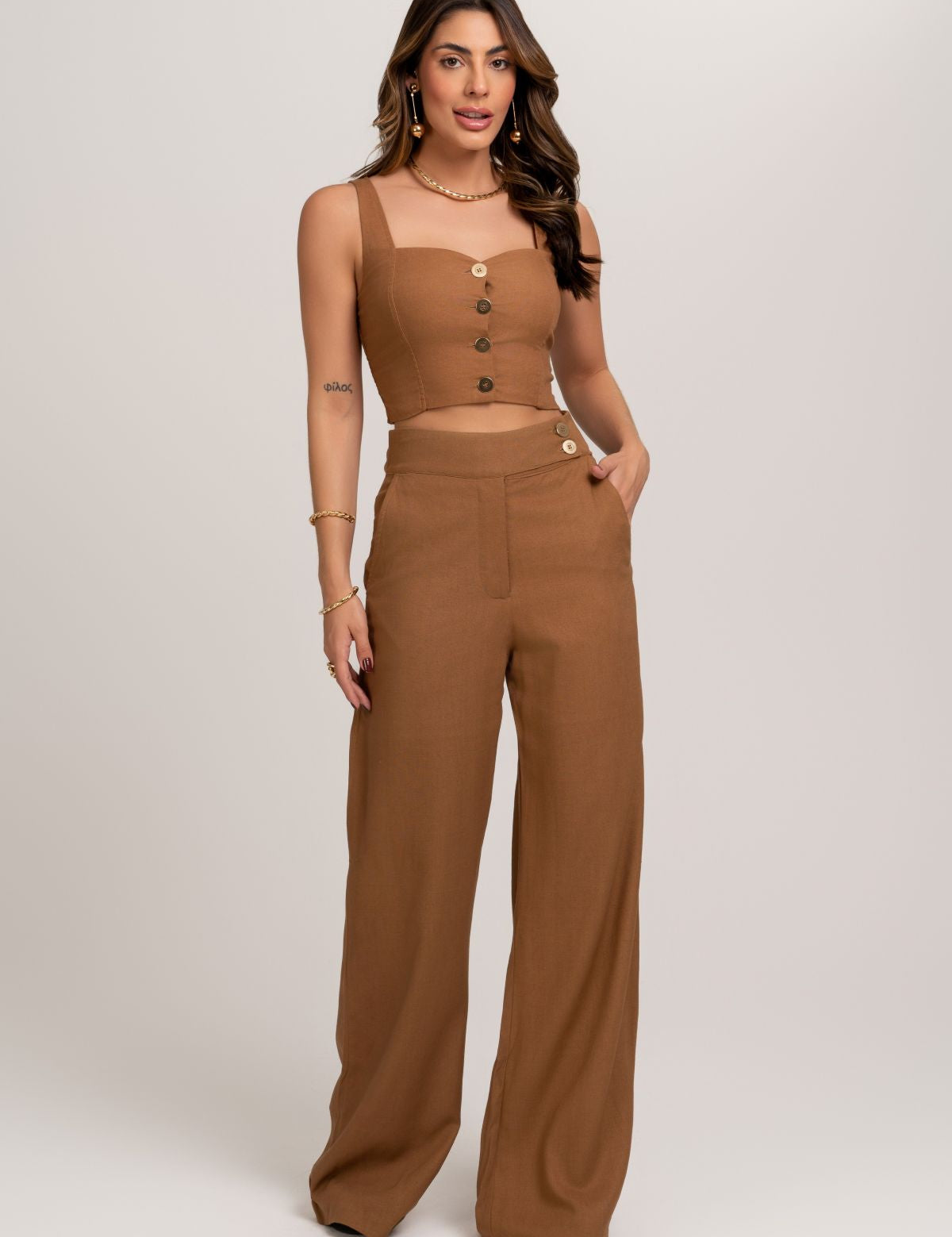 Top Cropped Marrom  De Linho Frysaide