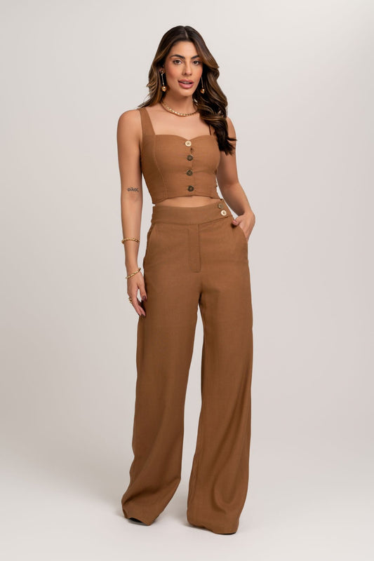 Top Cropped Marrom  De Linho Frysaide