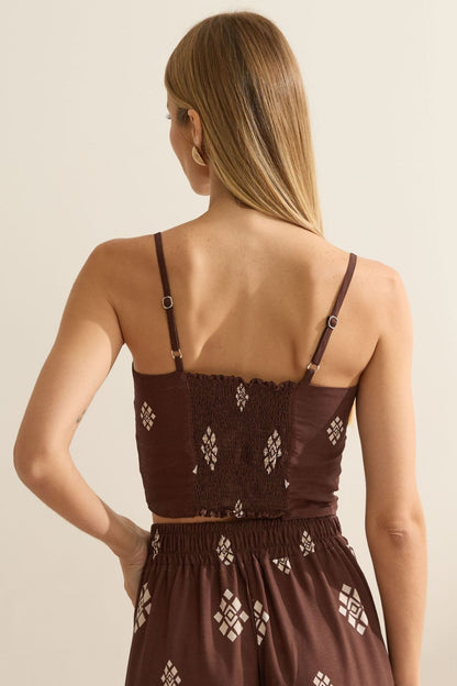 Top Flo Maria Marrom Estampa Geométrica