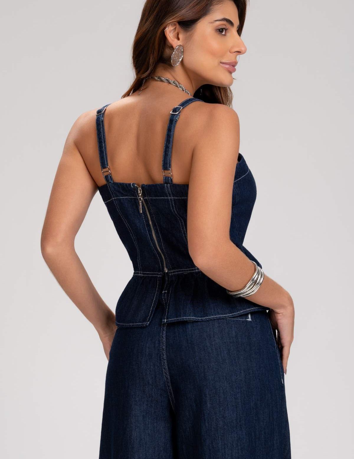 Top Jeans Frysaide Azul Alças Fivela Barra Peplum