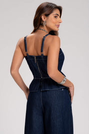 Top Jeans Frysaide Azul Alças Fivela Barra Peplum