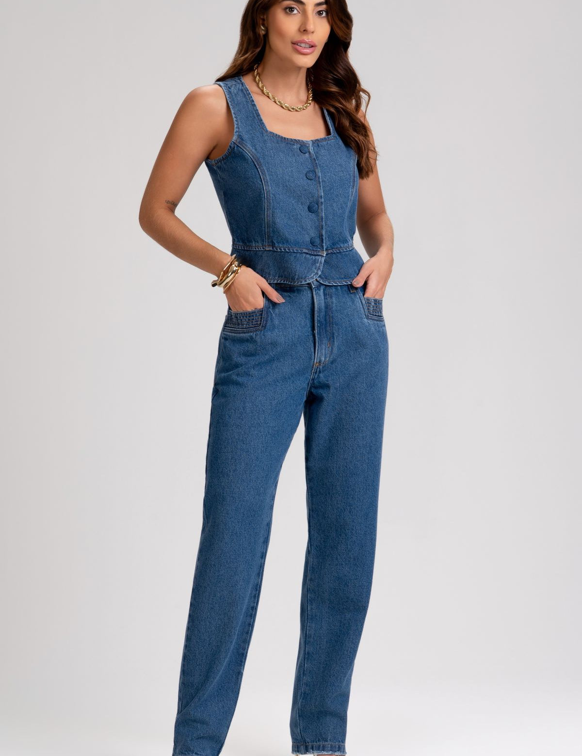 Top Jeans Frysaide Azul Botões Frontais