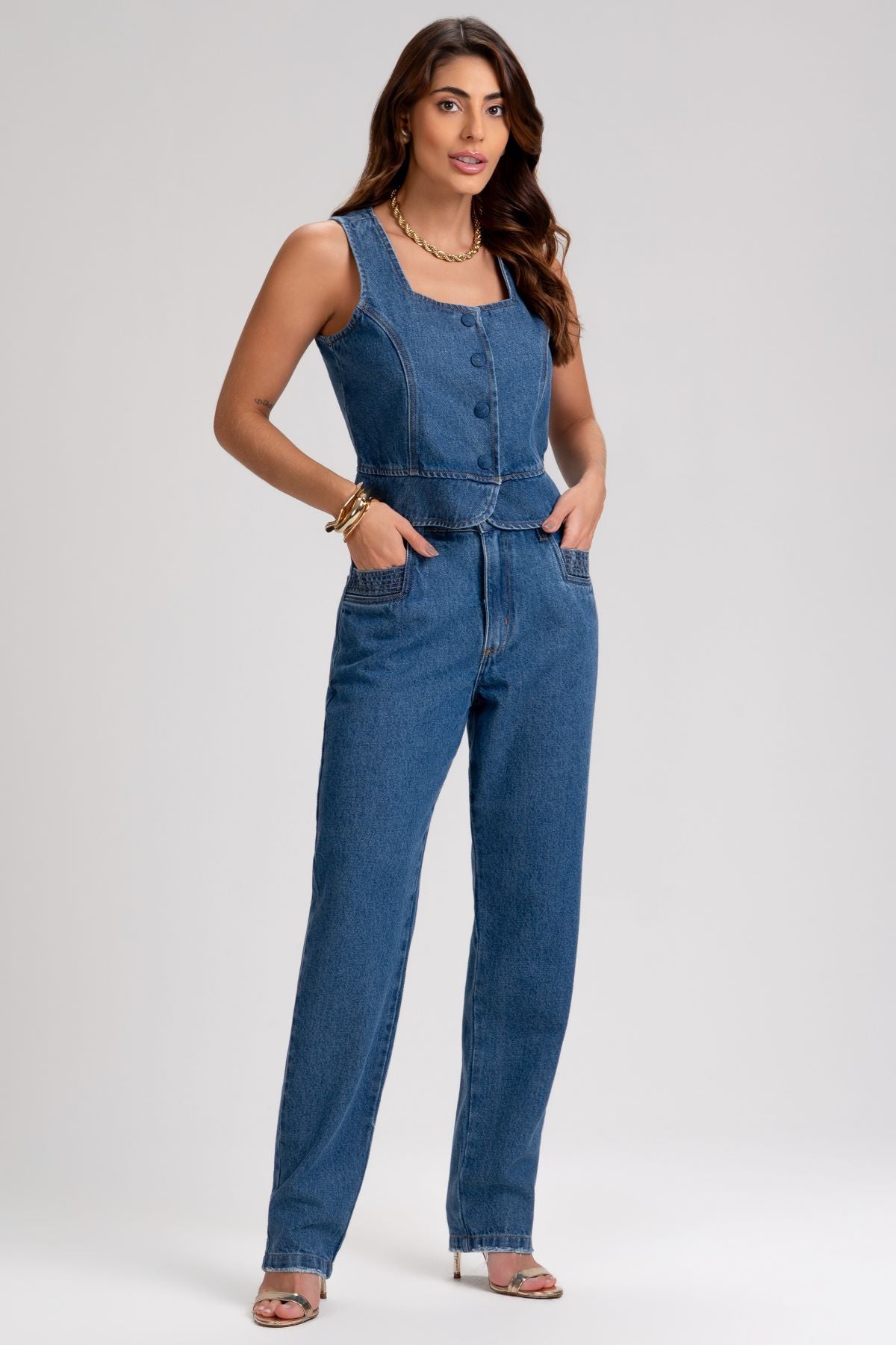 Top Jeans Frysaide Azul Botões Frontais