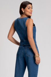 Top Jeans Frysaide Azul Botões Frontais