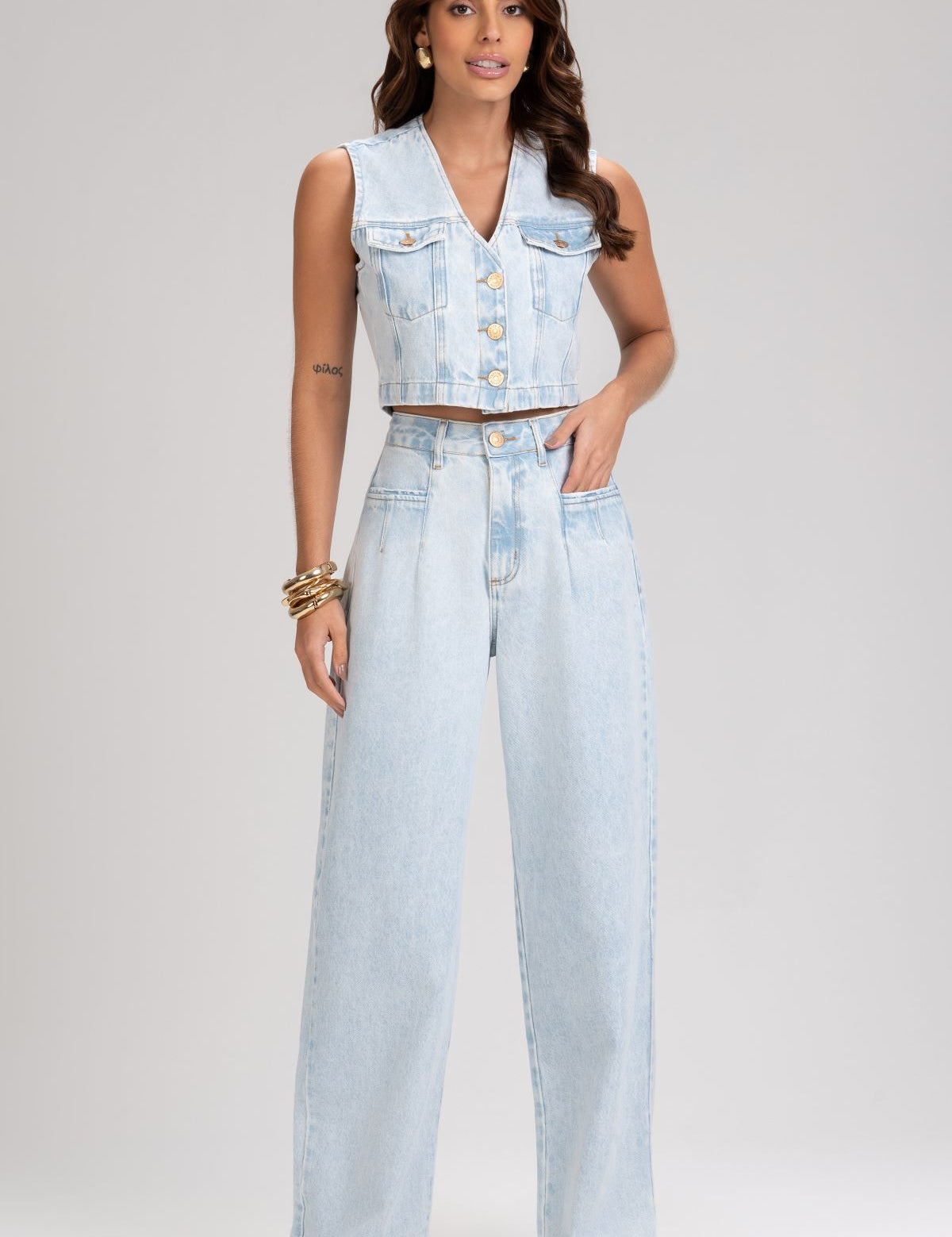 Top Jeans Frysaide Azul Botões Frontais