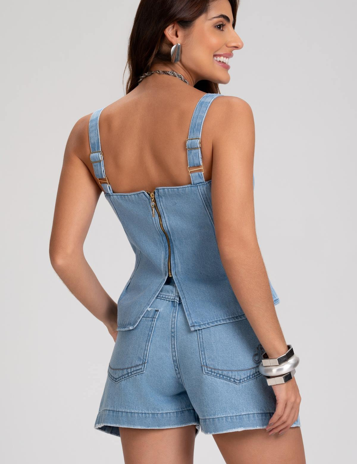 Top Jeans Frysaide Azul Claro Alças Com Fivelas