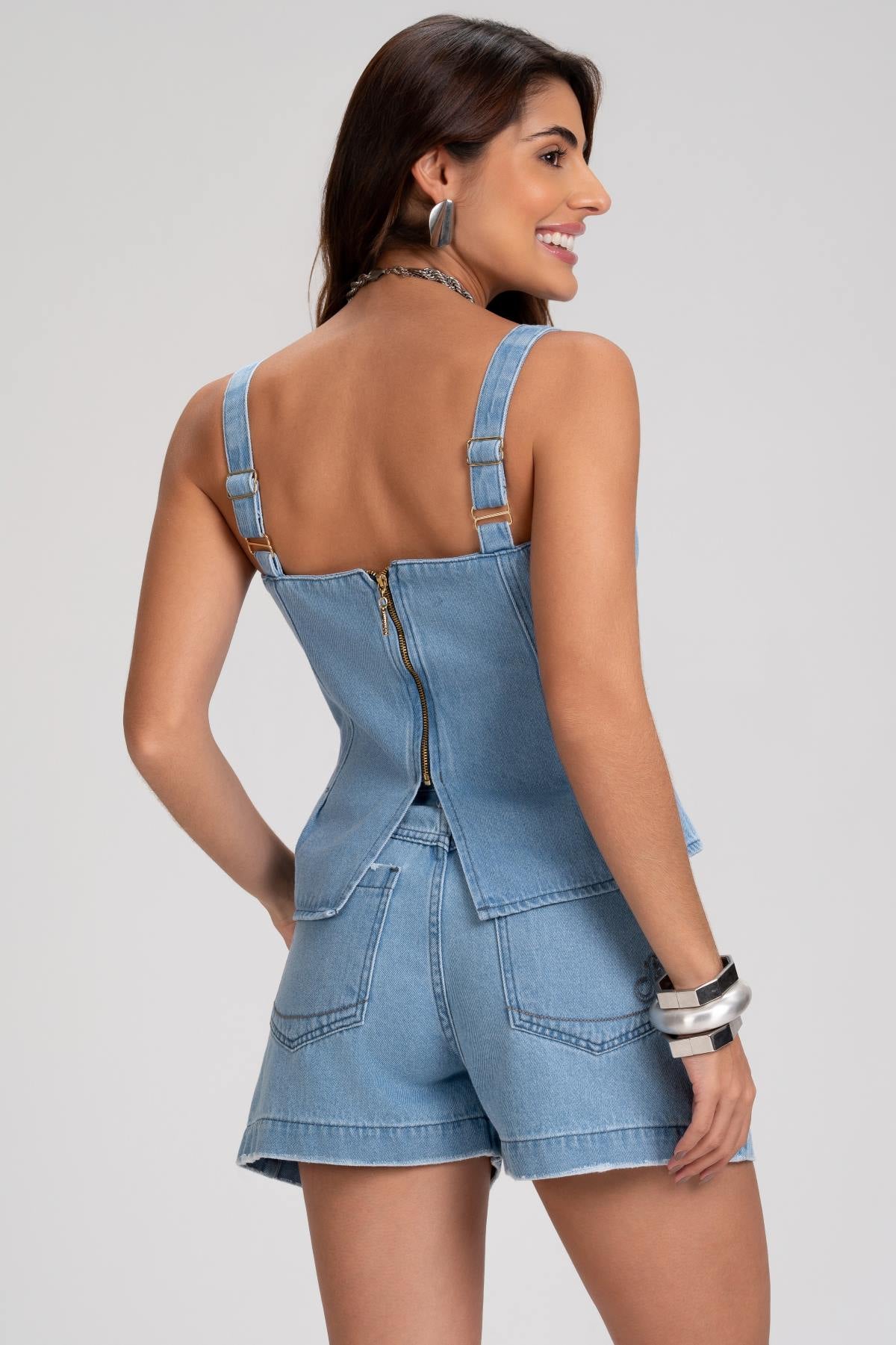 Top Jeans Frysaide Azul Claro Alças Com Fivelas