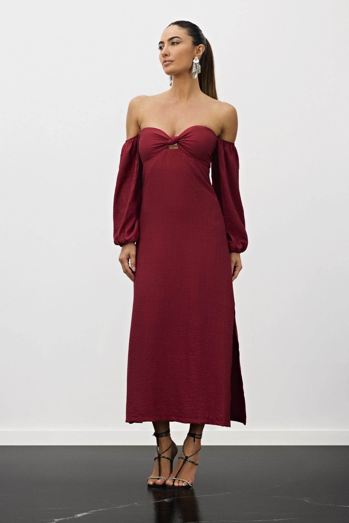 Vestido Midi Vermelho Decote Nó Manga Bufante Meia Loka