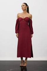 Vestido Midi Vermelho Decote Nó Manga Bufante Meia Loka
