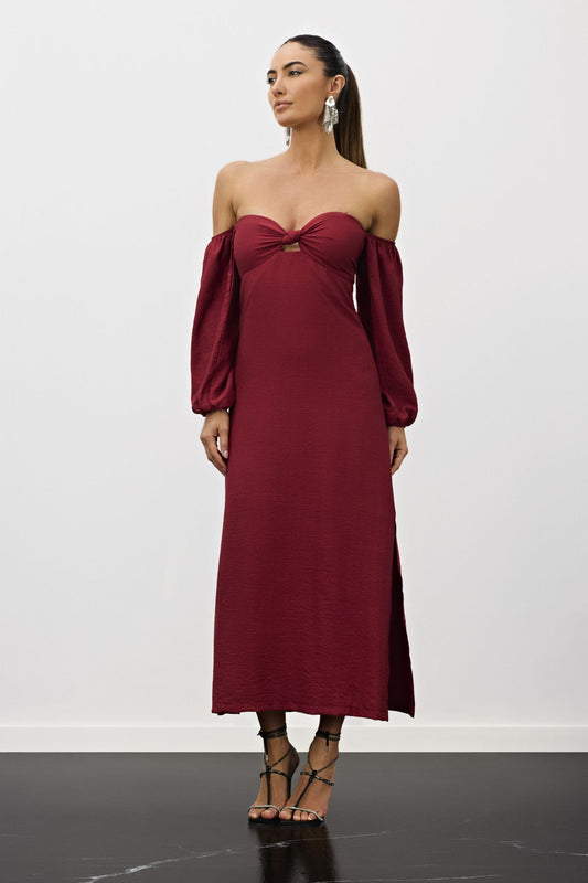 Vestido Midi Vermelho Decote Nó Manga Bufante Meia Loka