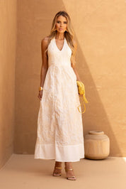 Vestido Midi Elisa Frente Unica Voil Bordado Off White Frysaide
