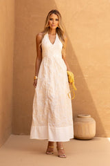 Vestido Midi Elisa Frente Unica Voil Bordado Off White Frysaide