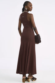 Vestido Colcci Marrom Longo Canelado Gola Alta