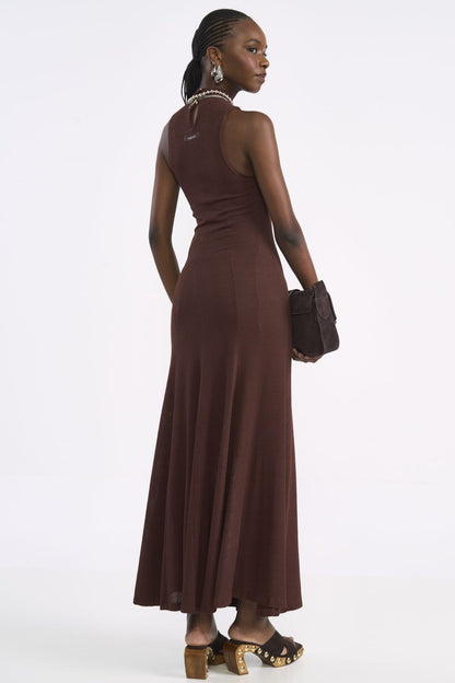 Vestido Colcci Marrom Longo Canelado Gola Alta
