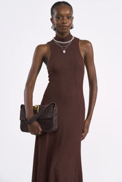 Vestido Colcci Marrom Longo Canelado Gola Alta