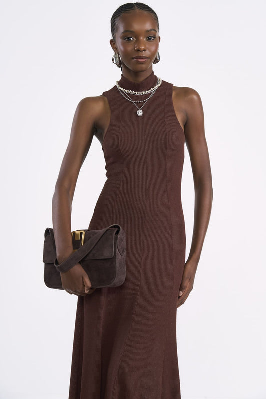 Vestido Colcci Marrom Longo Canelado Gola Alta