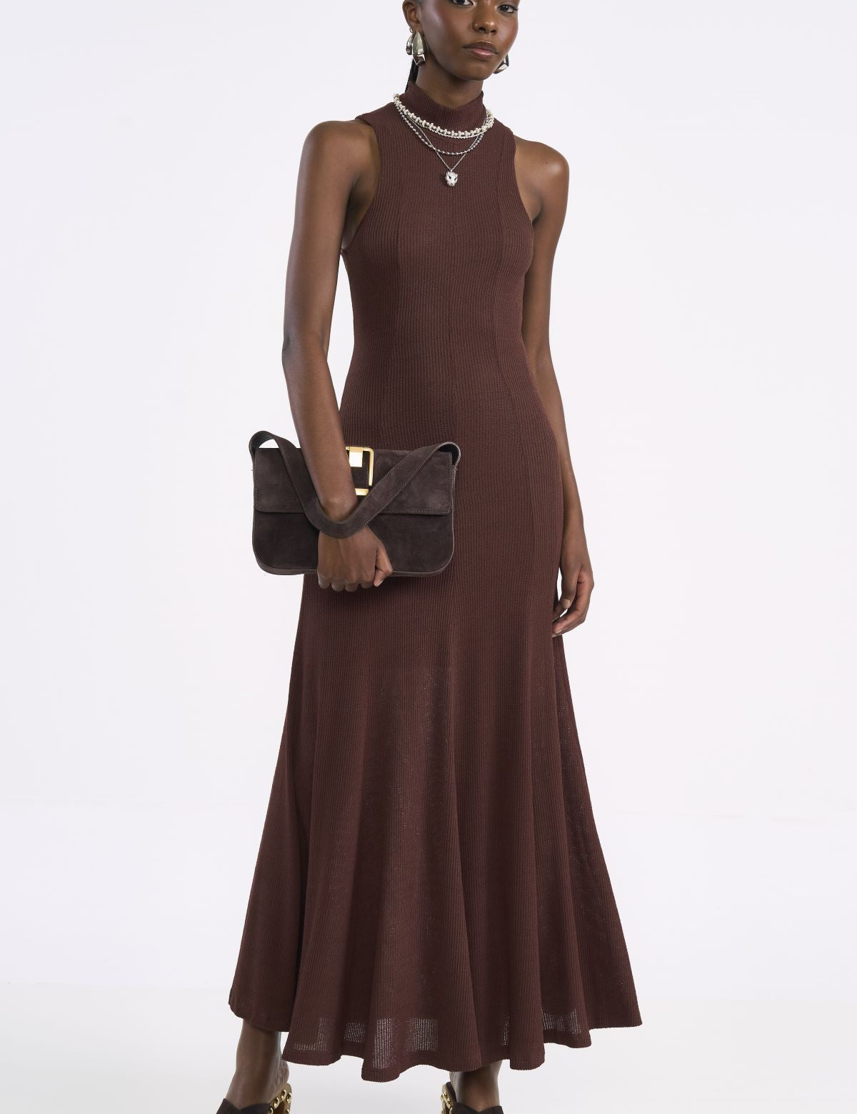 Vestido Colcci Marrom Longo Canelado Gola Alta