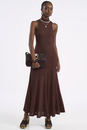 Vestido Colcci Marrom Longo Canelado Gola Alta
