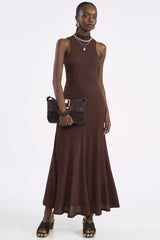 Vestido Colcci Marrom Longo Canelado Gola Alta
