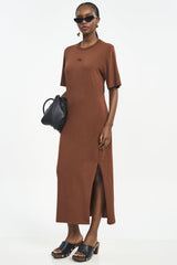 Vestido Colcci Marrom Longo Malha Canelada Fenda