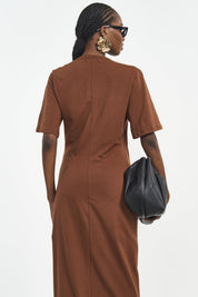 Vestido Colcci Marrom Longo Malha Canelada Fenda