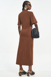 Vestido Colcci Marrom Longo Malha Canelada Fenda