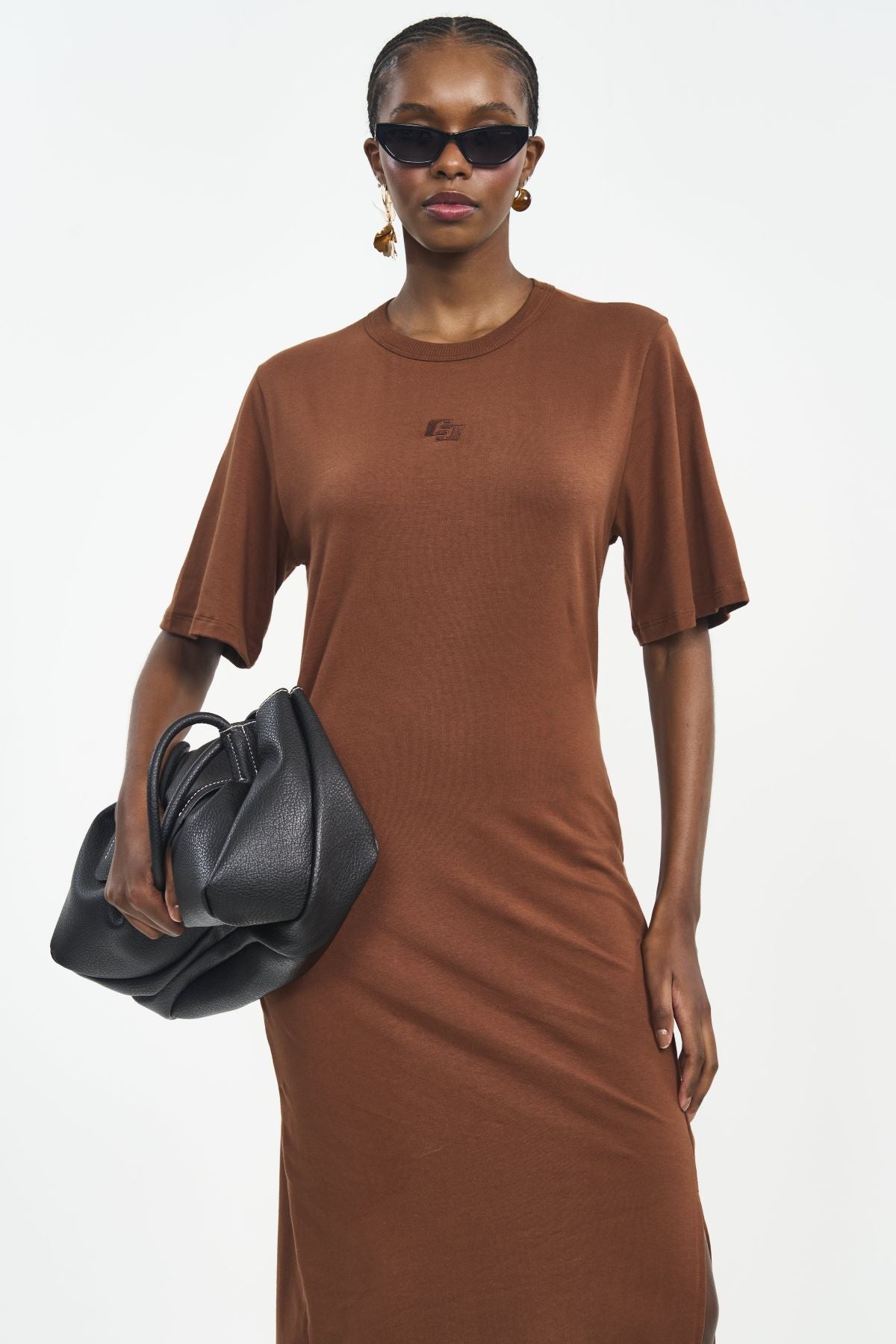 Vestido Colcci Marrom Longo Malha Canelada Fenda