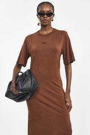 Vestido Colcci Marrom Longo Malha Canelada Fenda