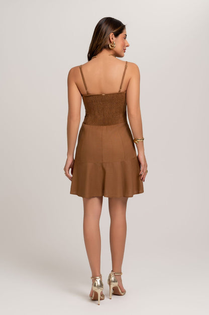 Vestido Curto De Linho Marrom Frysaide 