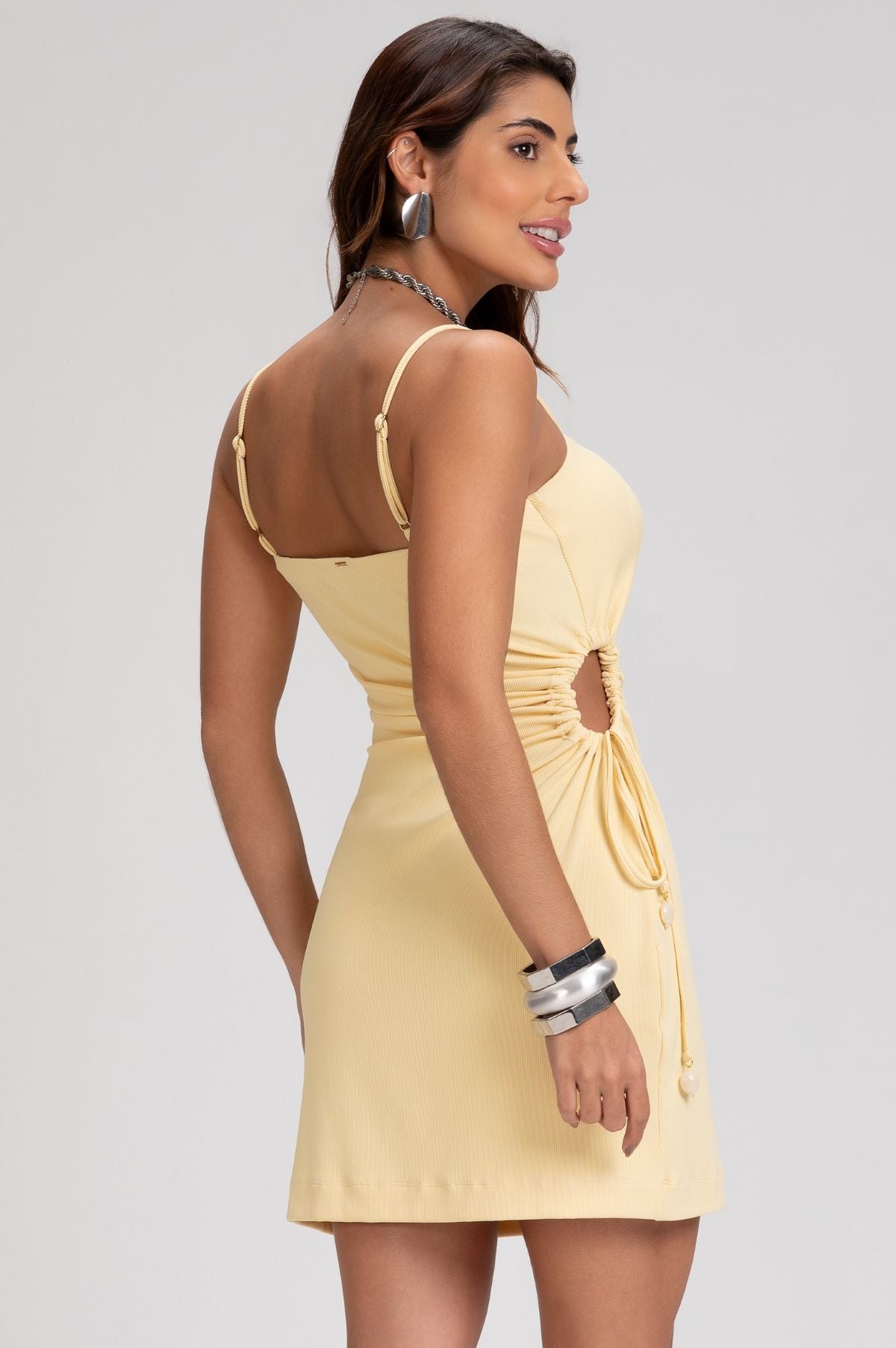 Vestido Curto Frysaide Amarelo Canelado Franzido