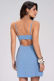Vestido Curto Frysaide Azul Alças Finas Lastex