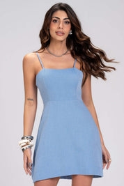 Vestido Curto Frysaide Azul Alças Finas Lastex