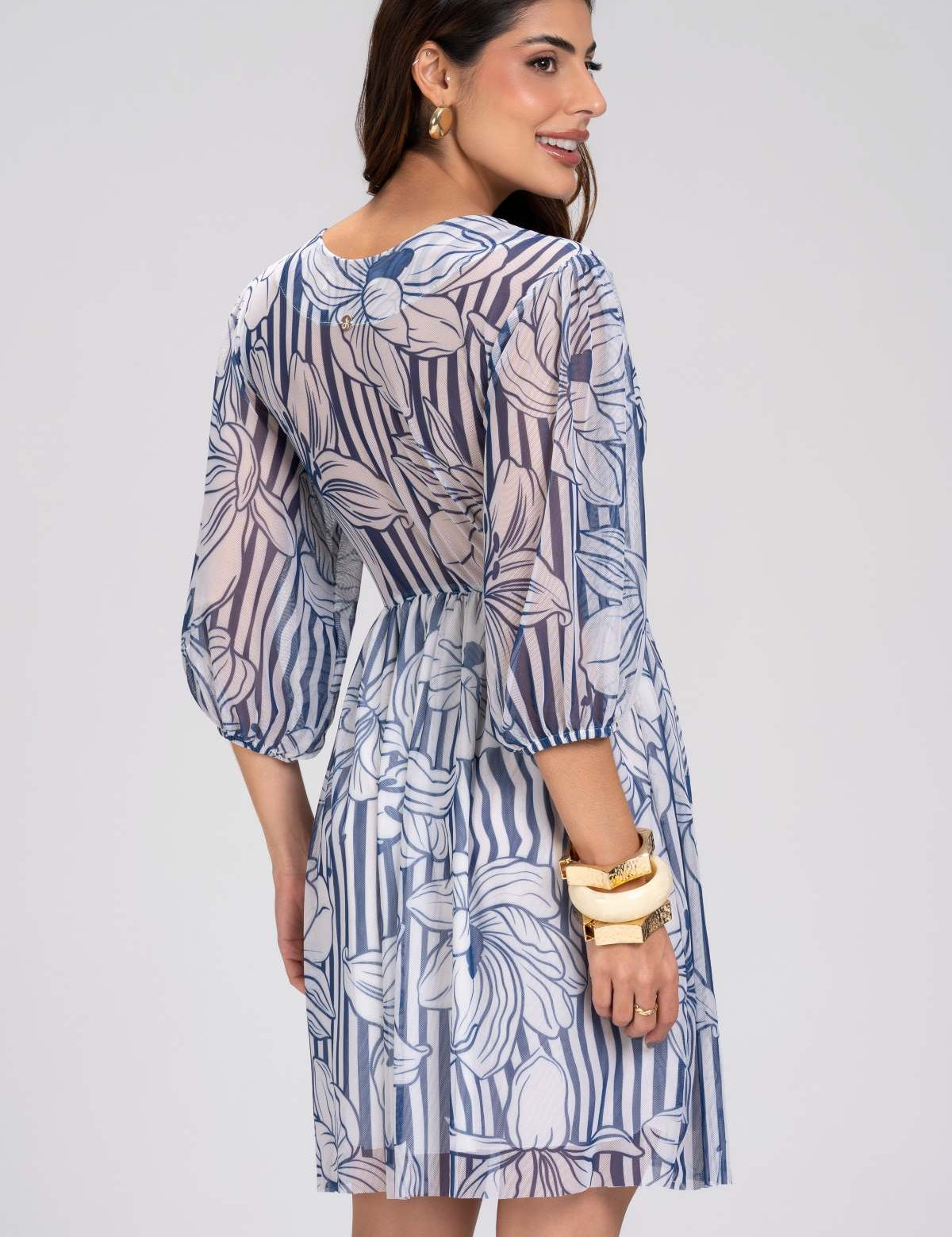 Vestido Curto Frysaide Azul Estampa Floral Listrada