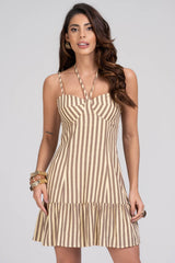 Vestido Curto Frysaide Bege Listrado Decote Meia Taça