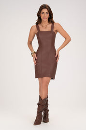 Vestido Curto Frysaide Marrom Couro Alças Largas