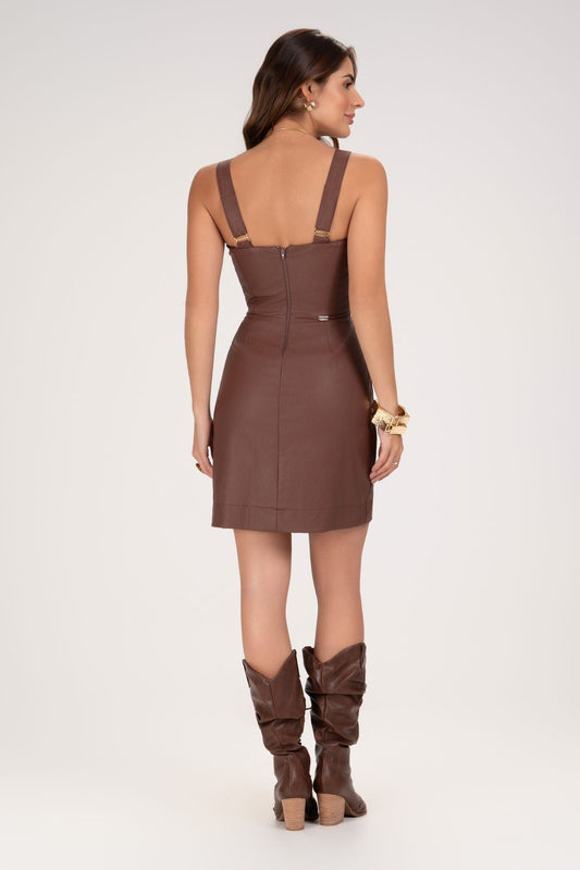 Vestido Curto Frysaide Marrom Couro Alças Largas