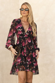Vestido Curto Frysaide Preto Floral Decote V