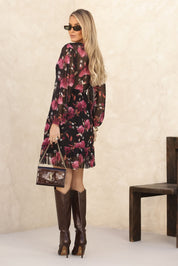 Vestido Curto Frysaide Preto Floral Decote V