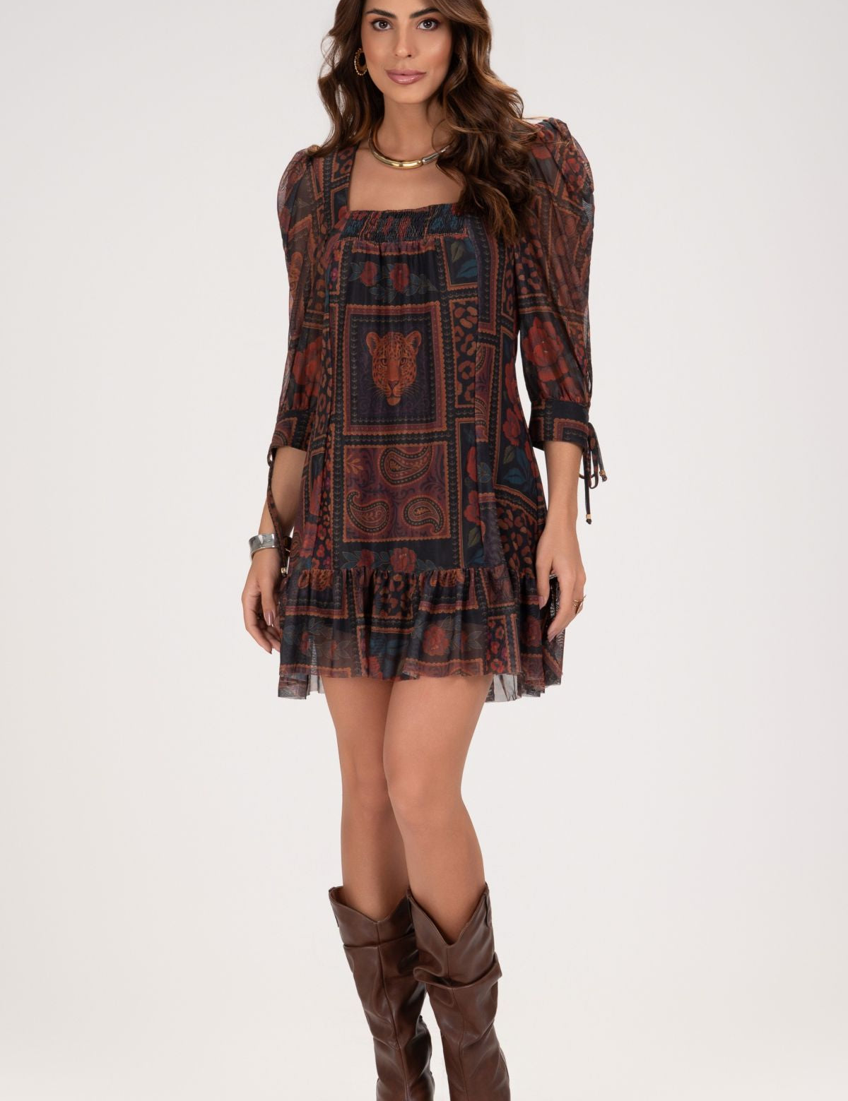 Vestido Curto Frysaide Preto Tule Estampado