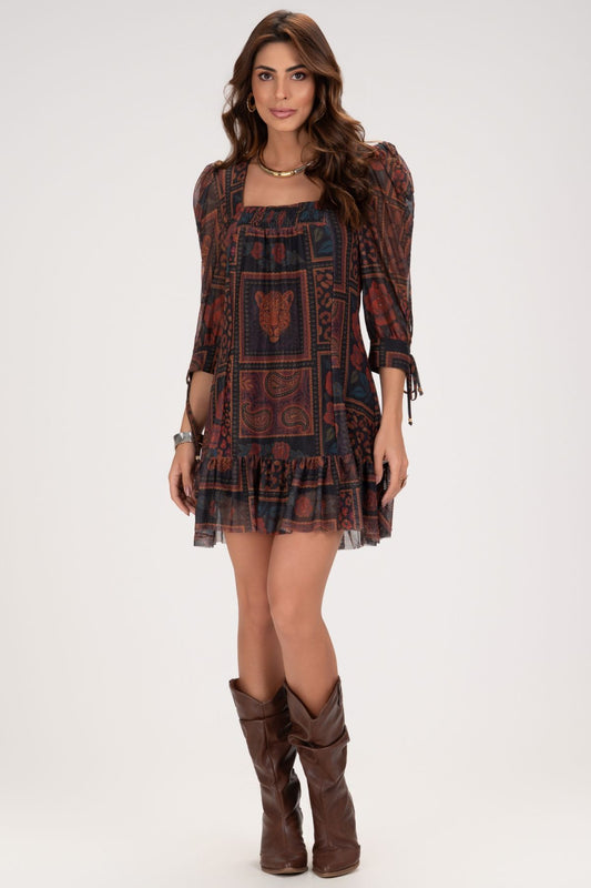 Vestido Curto Frysaide Preto Tule Estampado