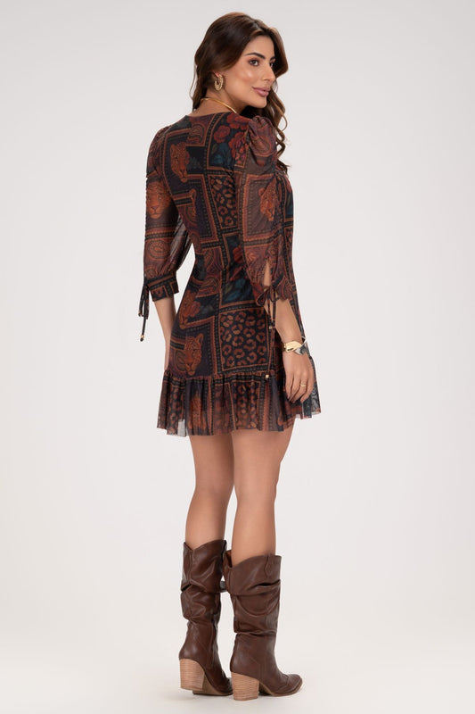 Vestido Curto Frysaide Preto Tule Estampado